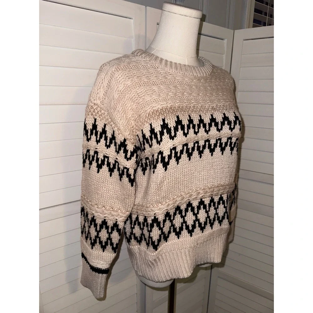 Skies Are Blue Fair Isle Knit Sweater Cream Black Zigzag Pattern Crew Neck XS - Picture 3 of 7
